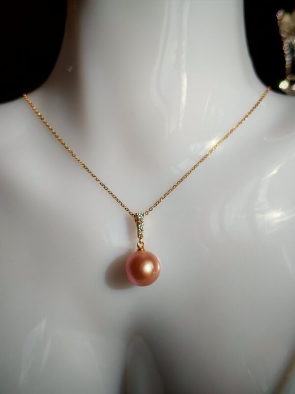 Collier pendentif perle rose argent sterling plaqué or blanc