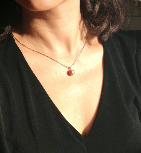 Collier pendentif perle violet rose argent sterling plaqué or blanc